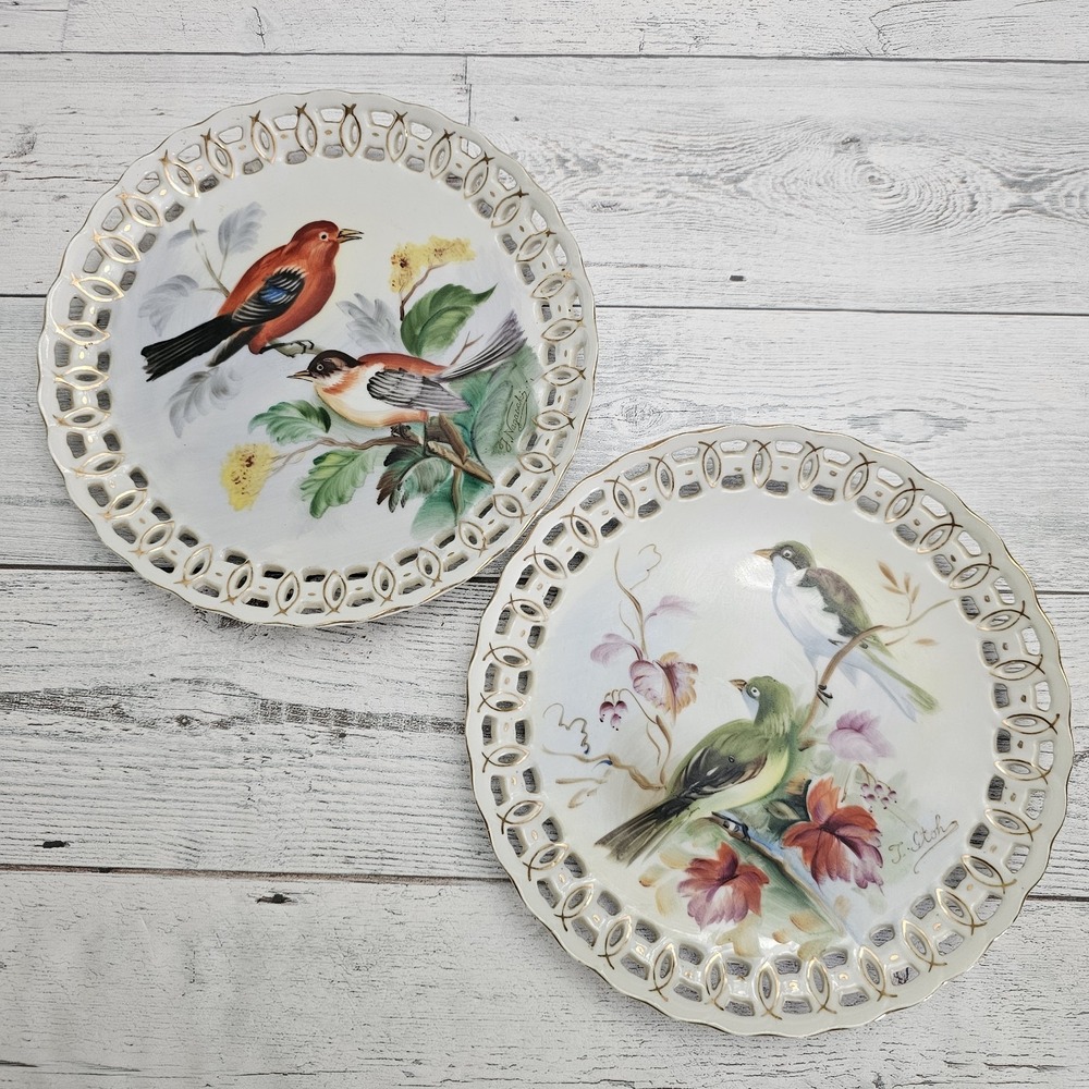 Set of 2 Hand Painted Porcelain Bird Plates Reticulated Ceramic Japan Ucagco 8"